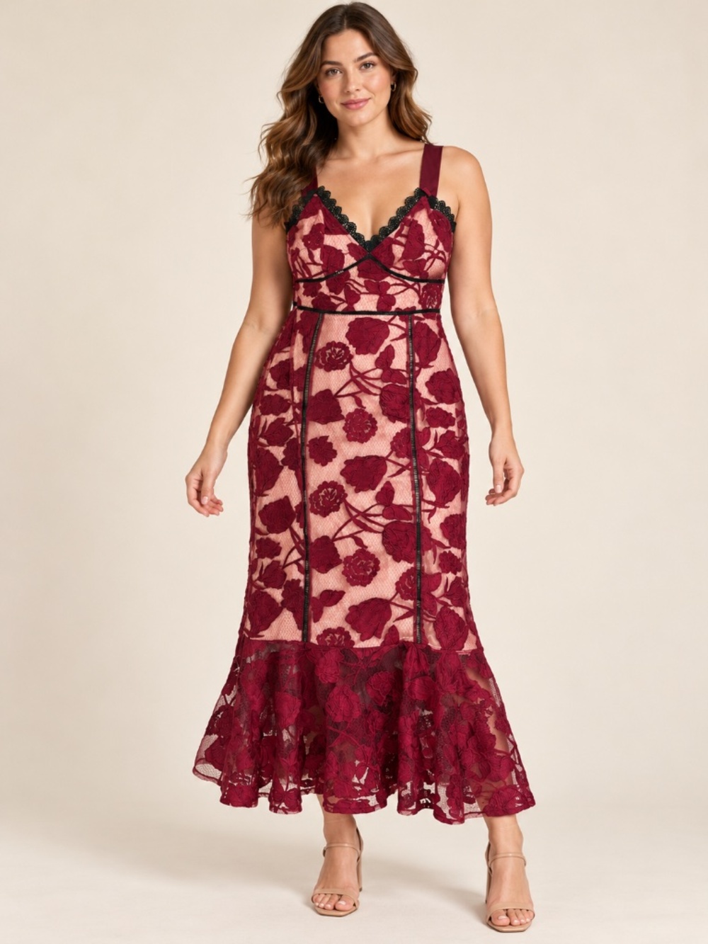 Lulus Burgundy Floral Lace Dress Nude Lining Size Large